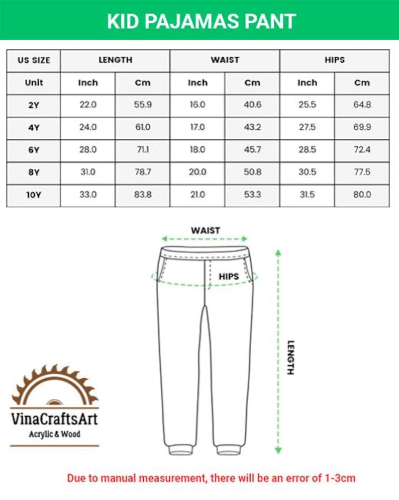 May include: A size chart for children's pajama pants, showing length, waist, and hip measurements in inches and centimetres. Sizes range from 2Y to 10Y. A diagram of the pants indicates the measurement points, with labels for "WAIST", "HIPS", and "LENGTH".