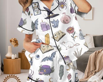 Witchy Pajama Set – Mystical Bats, Tarot & Crystal Sleepwear