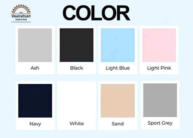 May include: A colour chart with the word "COLOR" in large, bold, black letters. The chart features eight colour swatches labelled: Ash, Black, Light Blue, Light Pink, Navy, White, Sand, and Sport Grey.