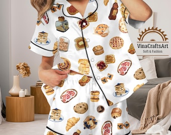 Breakfast Print Pajama Set – Cute Food Sleepwear, Women's Lounge Set