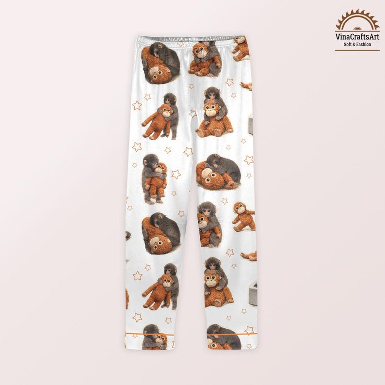 Women's Monkey Pajama Set, Cartoon Animal Sleepwear, Star Pattern Lounge Set image 7