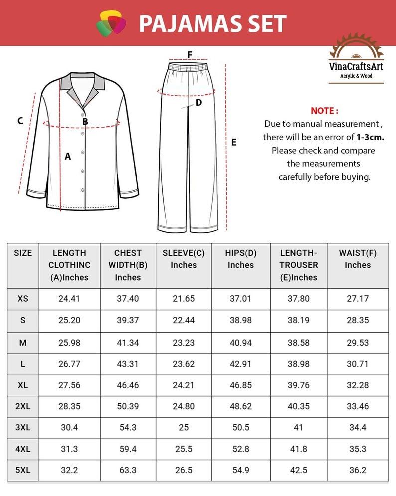 K&ouml;nnte beinhalten: Diagramm eines Pyjama-Sets mit Ma&szlig;en in Zoll. Das Set beinhaltet ein Hemd mit Kn&ouml;pfen und eine Hose. Das Bild enth&auml;lt auch eine Gr&ouml;&szlig;entabelle mit Ma&szlig;en f&uuml;r verschiedene Gr&ouml;&szlig;en, einschlie&szlig;lich L&auml;nge, Brustweite, &Auml;rmel, H&uuml;fte und Taille.