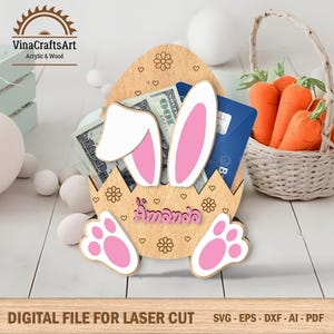Porta soldi personalizzato a forma di coniglietto pasquale, giorno di Pasqua in formato SVG, porta soldi a forma di coniglietto in formato SVG, regalo personalizzato tagliato al laser, file Glowforge