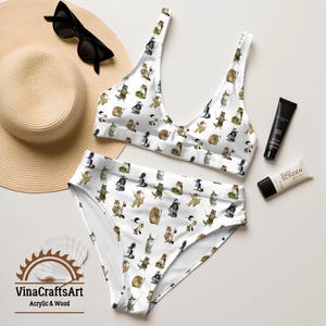 Zestaw Bikini Animal Guardians | Uroczy kostium kąpielowy z kreskówek | Dwuczęściowy kostium z wysokim stanem | Prezent na plażę Kawaii | Letni kostium kąpielowy