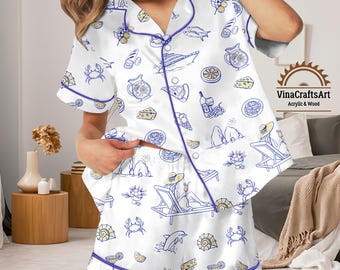 Sommer-Pyjama-Set für Frauen, Strand-Nachtwäsche-Shorts, langes Set, süße Zitrone und Ozean-PJs, leichtes Urlaubs-Bar-Outfit-Geschenk