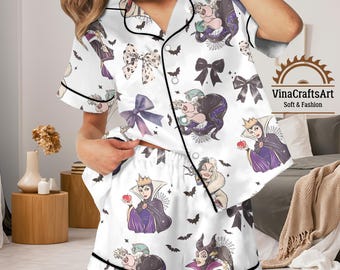 Conjunto de pijama de cetim dos vilões da Disney, roupa de dormir para o Halloween