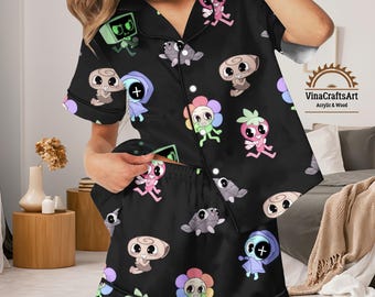 Conjunto de pijama con flores de dibujos animados para mujer, ropa de dormir con personajes coloridos, pijama kawaii divertida, adorable conjunto de shorts y pantalón largo