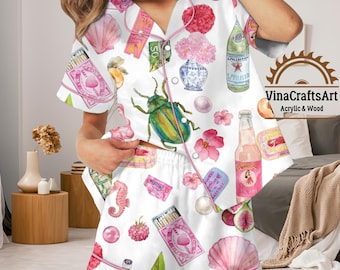 Whimsical Watercolor Groceries Pajama Set | Women’s Cute Food Print PJs | Fun Eclectic Sleepwear with Fruits, Olive Oil & Trinkets