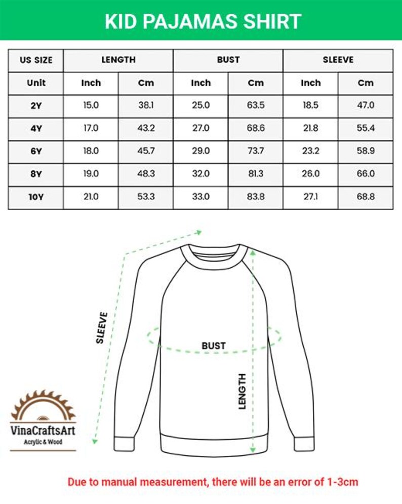 May include: Diagram of a kid's pajama shirt with measurements in inches and centimetres. The chart includes US sizes, length, bust, and sleeve measurements. The text "KID PAJAMAS SHIRT" is at the top. The diagram shows the shirt's dimensions.