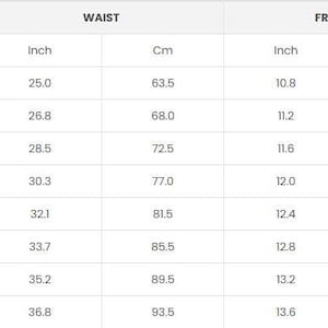 May include: A white chart with measurements for clothing sizes, including length, waist, front rise, and hip. Measurements are provided in inches and centimeters. The sizes range from S to 5XL.