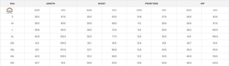 May include: A white chart with measurements for clothing sizes, including length, waist, front rise, and hip. Measurements are provided in inches and centimeters. The sizes range from S to 5XL.