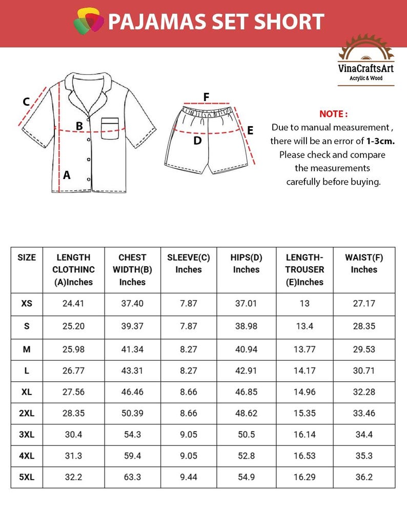 K&ouml;nnte beinhalten: Diagramm eines kurzen Schlafanzug-Sets mit Ma&szlig;en in Zoll. Das Set beinhaltet ein Hemd mit Kn&ouml;pfen und Shorts. Ma&szlig;e f&uuml;r L&auml;nge, Brustweite, &Auml;rmel, H&uuml;fte, Hosenl&auml;nge und Taille sind f&uuml;r verschiedene Gr&ouml;&szlig;en von XS bis 5XL angegeben. (1 Zoll = 2,54 cm)