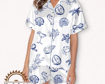 Coastal Pajama Set, Nautical Sea Life Print, Silky Sleepwear