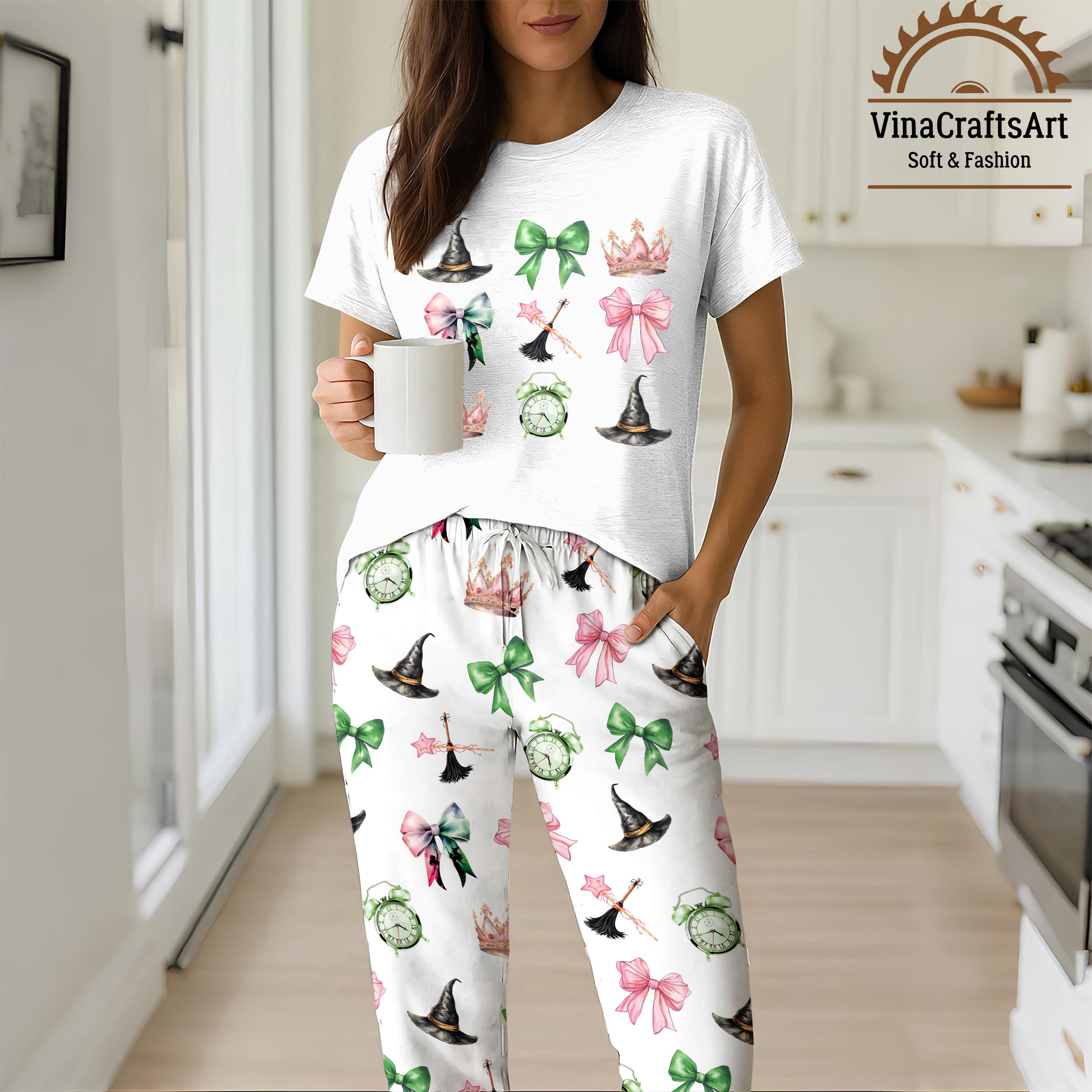 Discover Coquette Wicked Casual Pajamas Set, Cute Bow & Witch Hat Print Sleepwear, Halloween Pajamas for Women