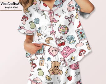 Cartoon Icon Pajama Set – Silky Satin Sleepwear, Girly Kawaii PJs