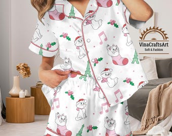 Cute Marie Cat Disney Christmas Pajamas Set, Pink Paris Themed Sleepwear, Disneyland Matching Pajamas, Girly Disney Sleepwear