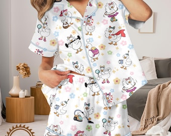 Cute Silky Goose Pajamas Set for Women, Funny Animal Print Satin Sleepwear, Silky Lounge Set, Farm Animal Pajamas Set