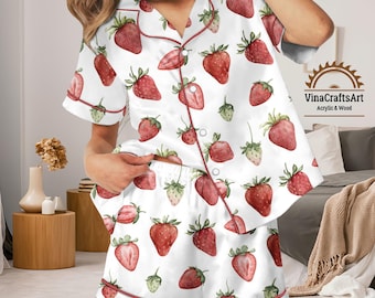 Conjunto de pijama de fresas para mujer, lindo conjunto de shorts y pantalón largo con estampado de frutas, pijama de verano para estar cómoda en casa, pijama suave y cómodo, regalo para ella