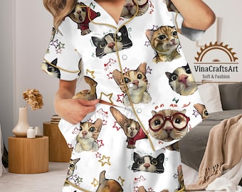 Cartoon Cat Pajamas Set, Cute Kitty Print Sleepwear, Funny Cat Lover Gift Pajamas Set, Cozy Long & Short Sleeve Loungewear