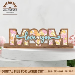 MOM Love You Blumenstand svg, Muttertag svg, hölzernes Mom Blumenzeichen, Blumenmutterstand, Glowforge bereit, Laser-Schnitt-Datei