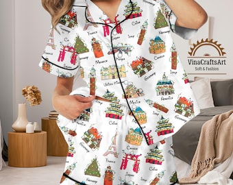 世界のランドマークをモチーフにしたクリスマスパジャマセット、旅行をテーマにしたナイトウェア