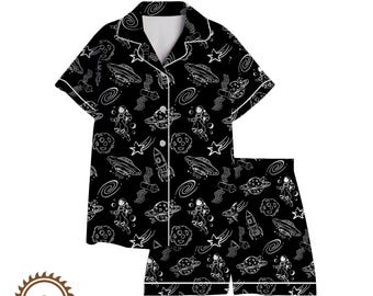 Set pigiama da astronauta, pigiama nero con stampa galassia, abbigliamento da casa a tema spaziale