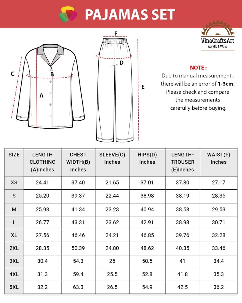 Op de afbeelding: Diagram van een pyjamaset met een overhemd met knopen en een broek, met afmetingen in inches. De afbeelding bevat een maattabel met kledinglengte, borstbreedte, mouw, heupen, broeklengte en taillematen voor elke maat, van XS tot 5XL.