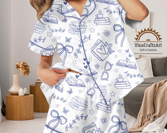 Pijama para amantes de los libros: pijamas de manga corta acogedores y con temática de libros para mujer, regalo para lectores, ropa de dormir literaria.
