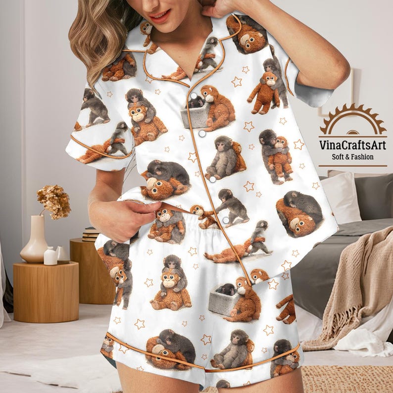 Women's Monkey Pajama Set, Cartoon Animal Sleepwear, Star Pattern Lounge Set image 1