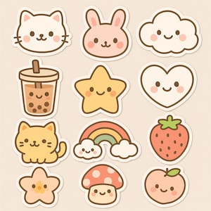 Op de afbeelding: Een verzameling cartoonstickers met schattige personages en objecten. Inclusief een kat, konijn, wolk, bubble tea, ster, hart, regenboog, aardbei, bloem, paddenstoel en perzik. Elk met een vrolijk gezicht.