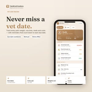 Aplicación para el seguimiento del cuidado de mascotas / Varias mascotas, recordatorios de vacunas y medicamentos, registro de peso y gastos veterinarios / Sin conexión, privada, no requiere aplicación