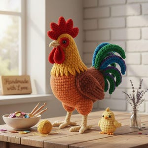 Puede incluir: Un gallo grande hecho a mano con ganchillo, con cresta roja, cuerpo amarillo y naranja y cola colorida. Un pollito amarillo pequeño está a su lado. La escena incluye un cuenco con botones, hilo y un letrero que dice "Handmade with Love".