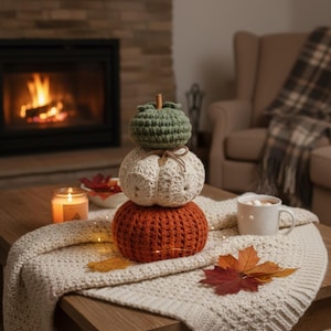 Pode incluir: Uma pilha de três abóboras de crochê em cores de outono: laranja, creme e verde. As abóboras estão dispostas sobre uma mesa de madeira com um cobertor, uma vela e uma caneca de chocolate quente. Decoração de outono.