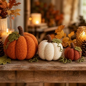 Peut inclure: Trois citrouilles crochetées de différentes tailles et couleurs sont posées sur une surface en bois. La plus grande est orange, celle du milieu est blanche et la plus petite est brun-rouge. Chacune a une tige marron et des feuilles vertes, évoquant l'automne.