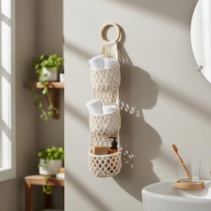 May include: A cream-colored macrame wall organizer with three woven baskets. The top basket has a wooden ring for hanging. The baskets hold white towels, a soap bar, and a brown bottle. This organizer is ideal for bathroom storage.