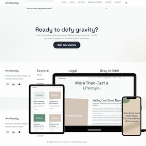 Può includere: Design del sito web per AntiGravity, visualizzato su laptop, tablet e smartphone. Il sito promuove un programma di stile di vita con lo slogan "Pronto a sfidare la gravità?" e offre risorse su mentalità e viaggi. Il design è pulito e moderno.