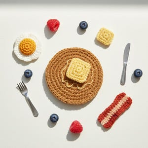 May include: A crocheted breakfast scene with a brown pancake topped with a yellow square of butter, a fried egg, and a strip of bacon. Blueberries and raspberries are scattered around the food items, with a fork and knife.