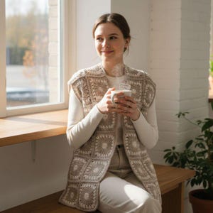 Granny Square Vest Crochet Pattern PDF: Beginner Longline Boho Oatmeal Cotton (UK Terms)