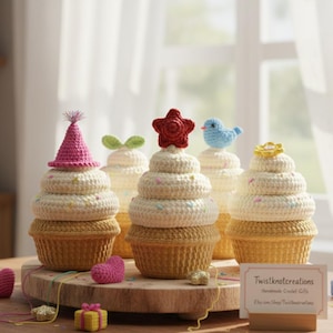 Könnte beinhalten: Eine Sammlung handgefertigter gehäkelter Cupcakes mit verschiedenen dekorativen Aufsätzen, darunter eine rosa Partyhut, grüne Blätter, ein roter Stern, ein blauer Vogel und eine gelbe Blume. Die Cupcakes werden auf einer Holzoberfläche präsentiert. Der Text "Twistknotcreations" ist sichtbar.