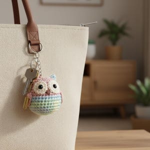 Pode incluir: Um chaveiro de coruja de crochê feito à mão em cores pastel, preso a uma sacola bege com alças de couro marrom. A coruja tem olhos grandes e pretos e está segurando chaves. Um acessório charmoso.