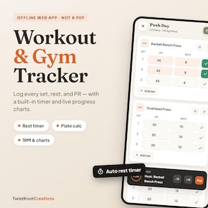 May include: A digital workout and gym tracker interface displayed on a smartphone screen. The app features sections for logging sets, reps, and weight for exercises like barbell bench press and overhead press, with an auto rest timer overlay.