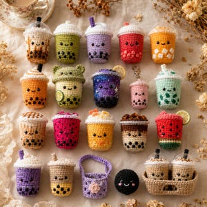 May include: A collection of twenty-one small, crocheted bubble tea plushies in various colors and designs, featuring embroidered smiling faces, clear plastic lids, and some with added details like fruit slices, stars, or a small basket.