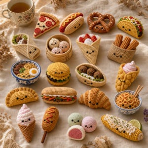 Könnte beinhalten: Eine Sammlung kleiner, gehäkelter Lebensmittel mit lächelnden Gesichtern, darunter ein Pizzastück, Hotdog, Brezel, Taco, Burrito, Dim Sum, Crêpe, Churros, Ramen, Burger, Fleischbällchen, Bubble Waffle, Teigtasche, Sandwich, Croissant, Nudeln, Eiscreme, Corn Dog, Mochi und Maiskolben.