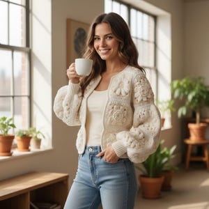 Può includere: Giacca all'uncinetto color crema con motivi floreali e geometrici. La giacca ha uno scollo tondo e maniche lunghe a sbuffo. La donna indossa una canotta bianca e jeans blu. Tiene in mano una tazza bianca.