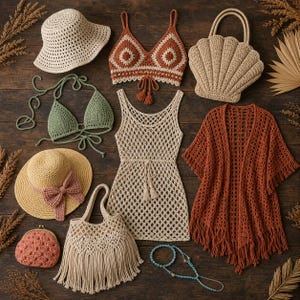 May include: A collection of crochet items including a beige bucket hat, a rust and cream bralette, a shell-shaped bag, a sage green bikini top, a yellow hat with a pink bow, a beige dress, a rust fringe cardigan, a pink coin purse, a macrame bag, and a blue beaded chain.