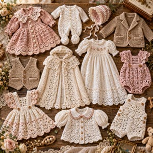 Peut inclure: Une collection de vêtements pour bébé au crochet comprenant une robe rose, une grenouillère blanche, un bonnet, un blazer beige, un gilet beige, une cape à capuche, une robe blanche, une barboteuse rose, une robe blanche à volants, un chemisier blanc et une barboteuse blanche.