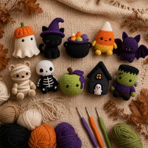 May include: A collection of ten crocheted Halloween-themed figures including a ghost with an orange hat, a black cat in a purple hat, a cauldron, candy corn, a bat, a mummy bear, a skeleton, a green apple, a house, and a monster.