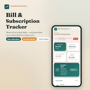 May include: A mobile app interface for a bill and subscription tracker. The app displays monthly and yearly costs, upcoming bills, and overdue notifications. The app's interface is green and white with the text "Bill & Subscription Tracker."