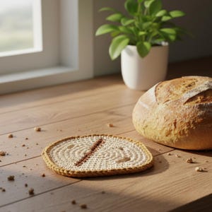 May include: A crusty loaf of bread sits beside a beige crocheted coaster with a brown stripe. The coaster is on a wooden surface with breadcrumbs scattered around. A potted plant is in the background near a window.