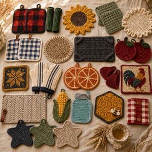 May include: A collection of various crocheted kitchen items including square and star-shaped pot holders, coasters, oven mitts, and dishcloths. Designs feature patterns like sunflowers, roosters, corn, citrus slices, honeycombs, and plaid in diverse colors.